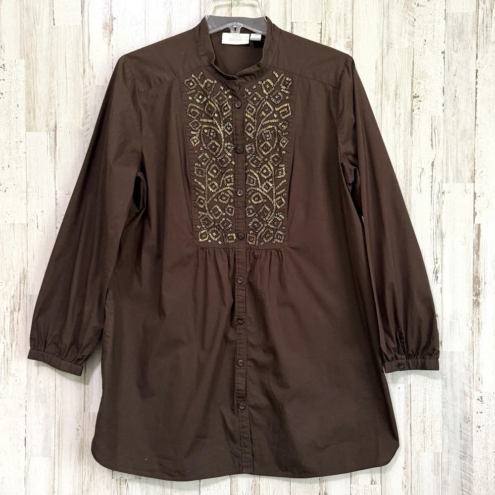 Chicos Tunic Blouse 2 Large Brown Beaded Bib Button Front Party Classic Shirt